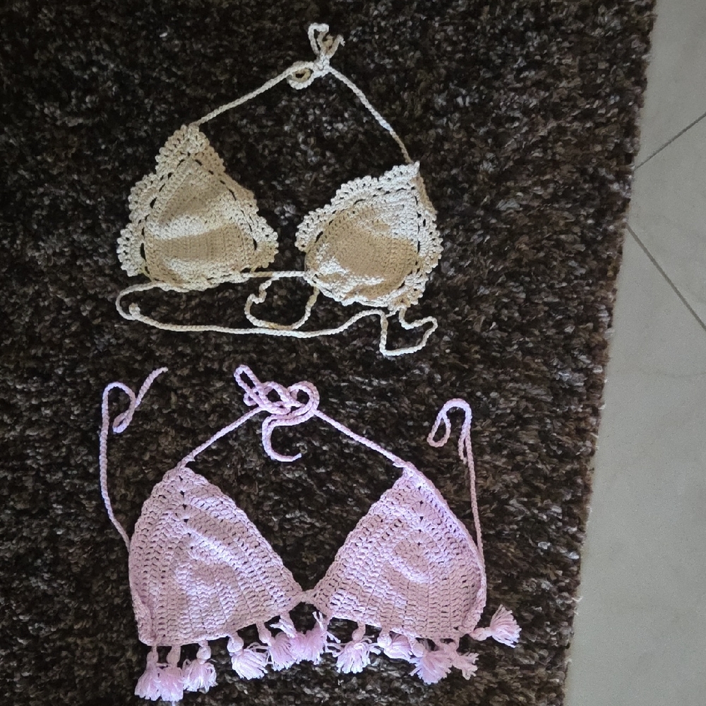 Women’s Crochet Triangle Bralette - Pink Color Cream Is Lined